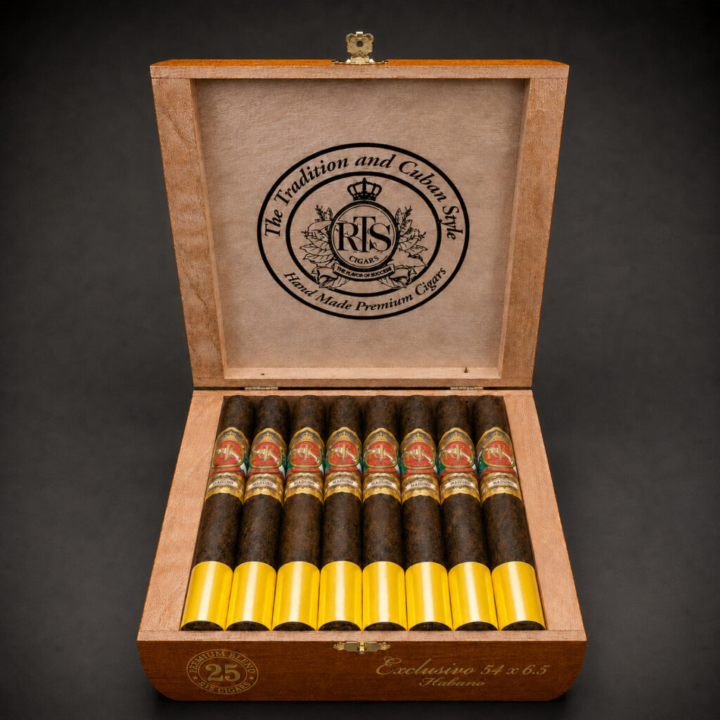 RTS Cigars Exclusivo 54 x 6.5 Super Premium Blend, closed cedar box of 25 cigars engraved with the gold RTS crest and "The Art, The Tradition, The Cuban Style"