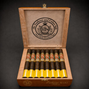 RTS Cigars Exclusivo 54 x 6.5 Super Premium Blend, closed cedar box of 25 cigars engraved with the gold RTS crest and "The Art, The Tradition, The Cuban Style"