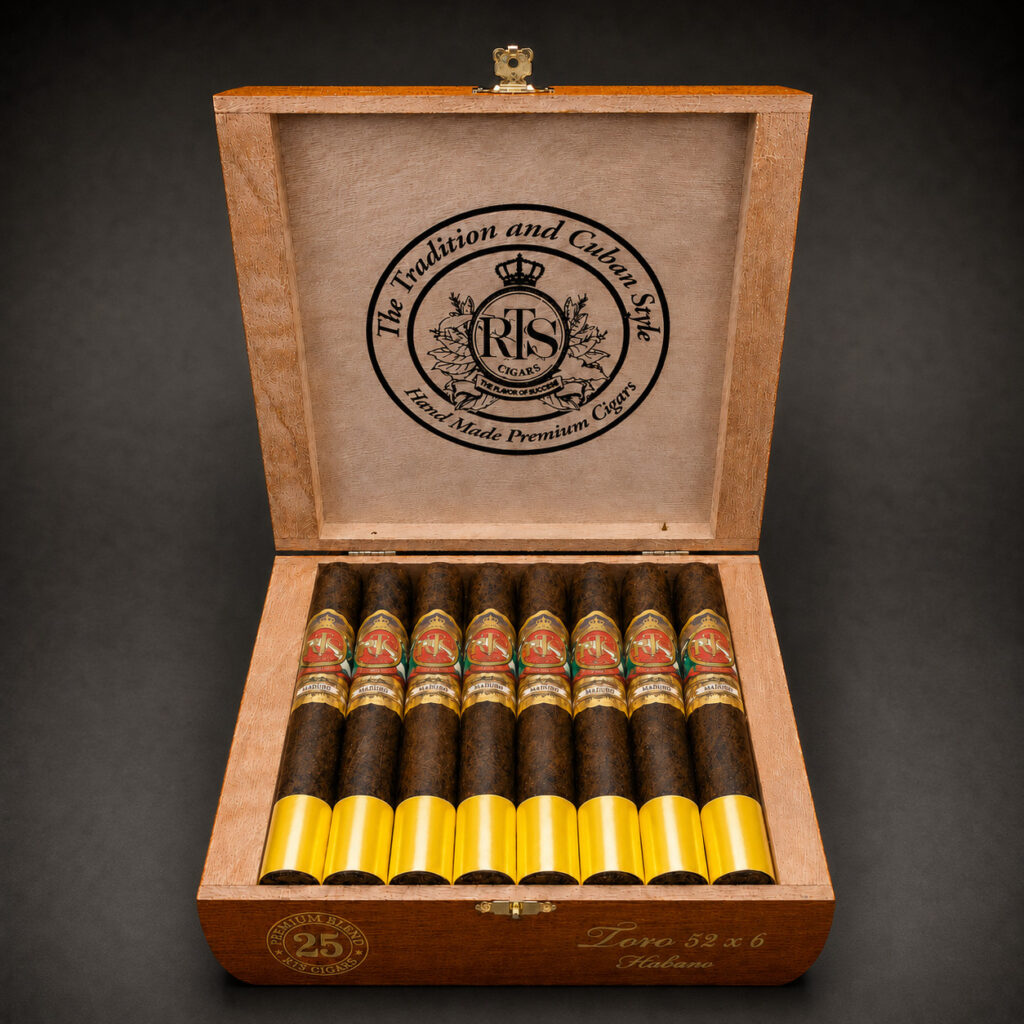 Open cedar box of 25 RTS Cigars Toro 52 x 6 Super Premium, hand-rolled cigars with gold RTS bands under a "Tradition and Cuban Style, Hand Made Premium Cigars" lid emblem