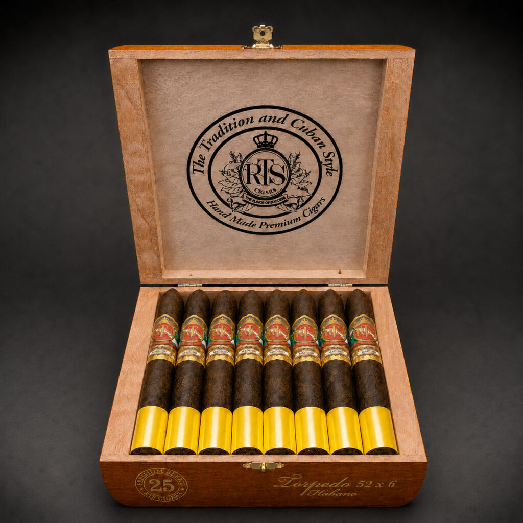 Open cedar box of 25 RTS Cigars Torpedo 52 x 6 Super Premium, hand-rolled torpedo-tipped cigars with gold RTS bands under a "Tradition and Cuban Style, Hand Made Premium Cigars" lid emblem