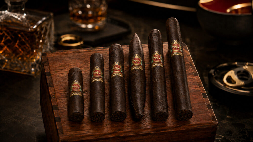 Cigar sizes and shapes lined up from petit corona to churchill on a cedar box
