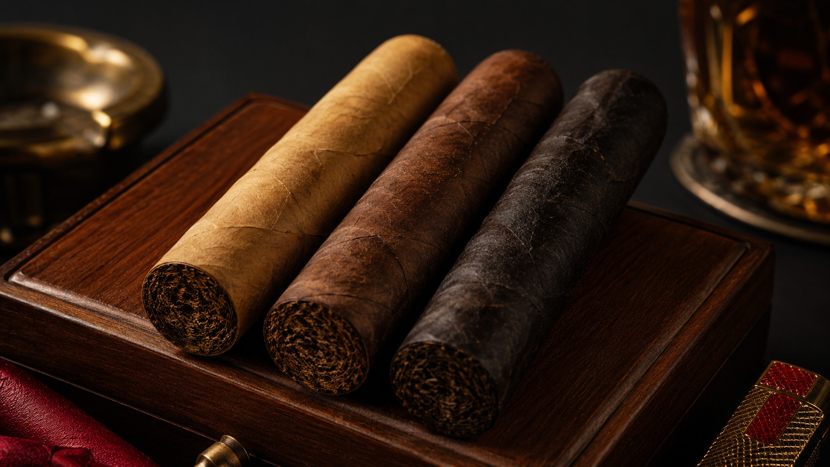 Three cigar wrapper types side by side: Connecticut, Habano and Maduro
