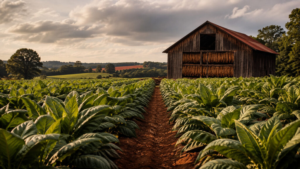 Rows of tobacco plants before a traditional curing barn evoking cuban cigar culture