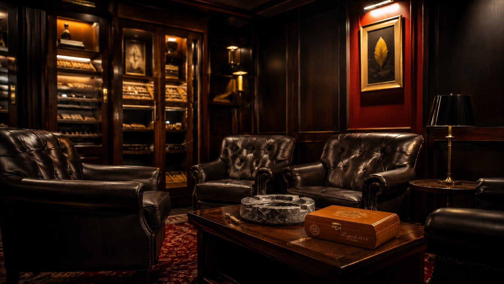 Cigar lounge etiquette setting with leather armchairs and a heavy ashtray