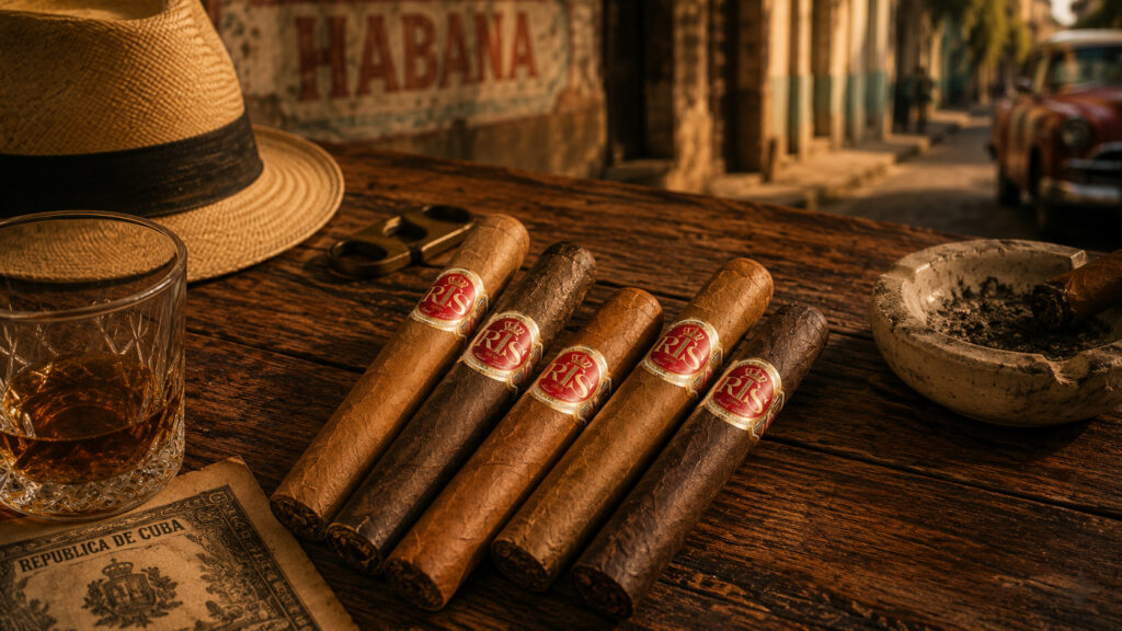 Cuban cigar culture scene with hand-rolled cigars and a cedar box in warm light