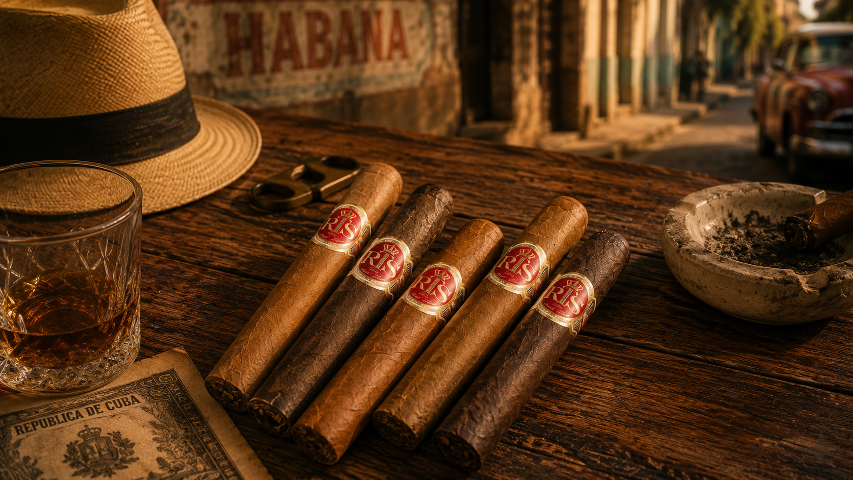 Cuban cigar culture scene with hand-rolled cigars and a cedar box in warm light