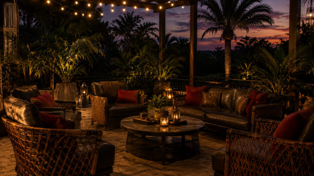Open air lounge terrace seating arranged for shared conversation at dusk