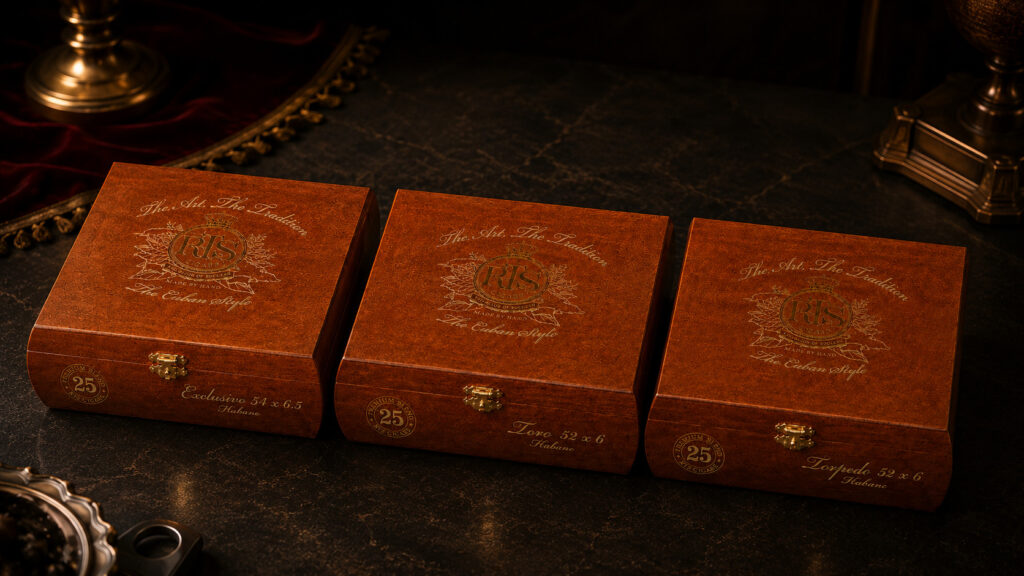 Three closed cedar cigar boxes arranged side by side showing the Exclusivo, Toro and Torpedo sizes