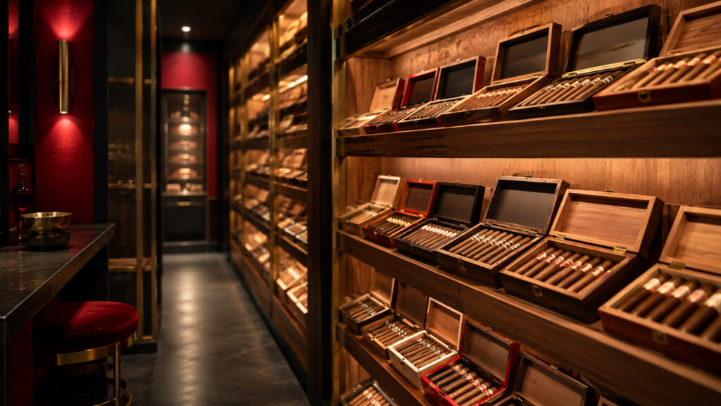 Walk in humidor wall of cedar shelves holding boxes of premium cigars
