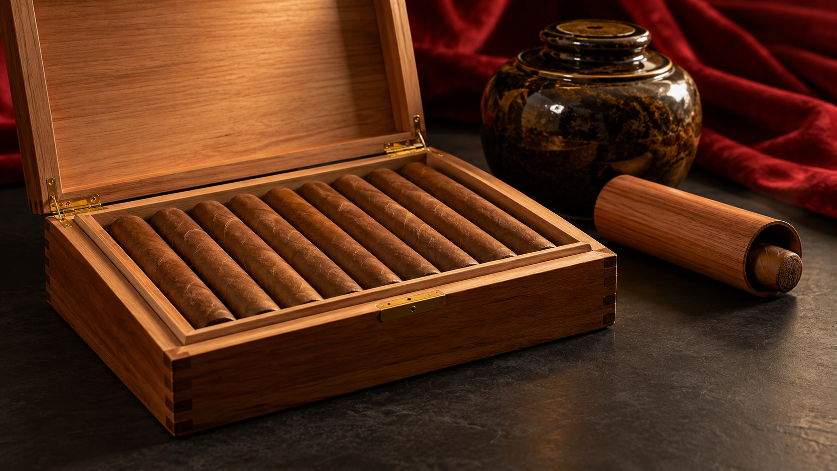 Cigar packaging compared: an open cedar box beside a ceramic jar and a cedar tube