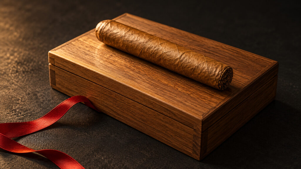 An event exclusive cigar resting on its keepsake commemorative box