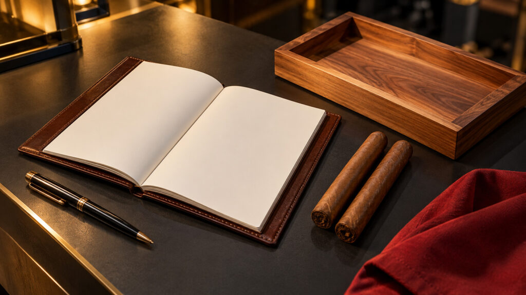 A retailer order pad and cigar samples on a trade show booth counter